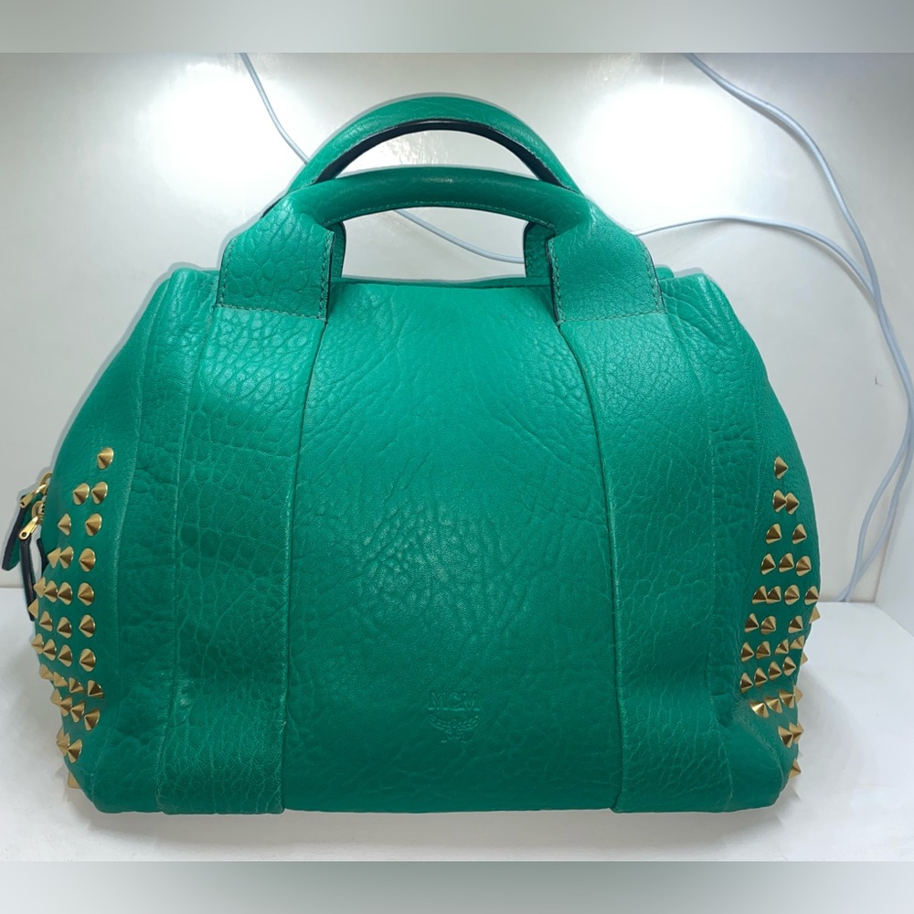 Mcm keana studded green leather hand bag